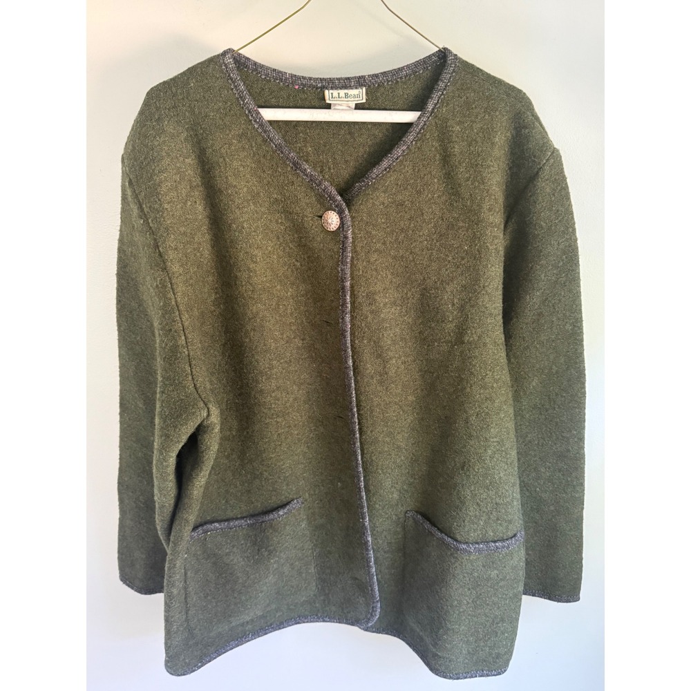 Vintage LL Bean Boiled Wool Coat Womens Large Olive Green Made in Austria 80s